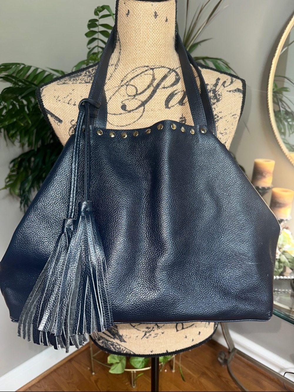 Laggo Pebbled Navy Leather Tassel Tote